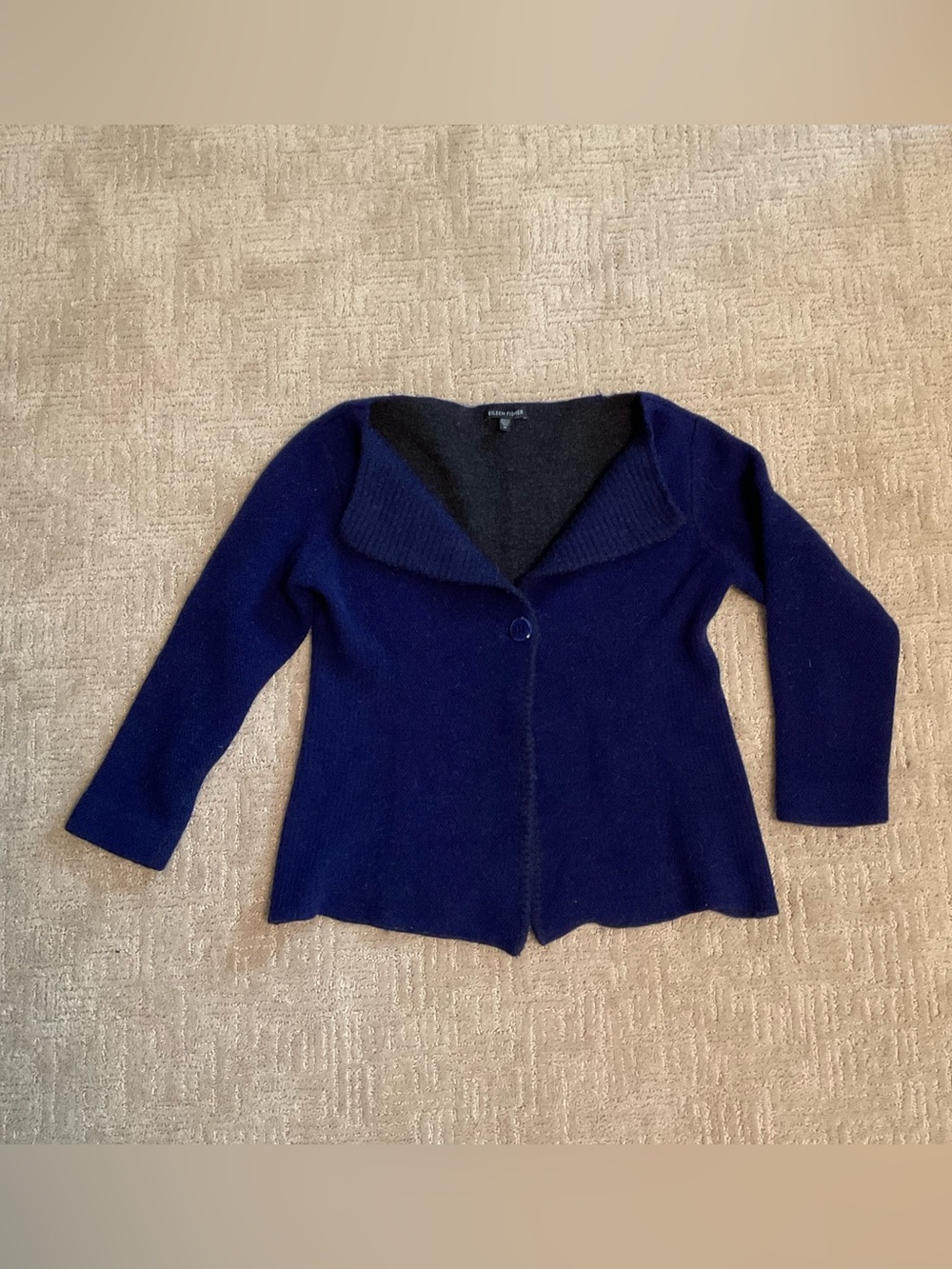 💙 Eileen Fisher 100% Merino Wool Cardigan Sweater M Royal Blue Gray 3/4 Sleeve